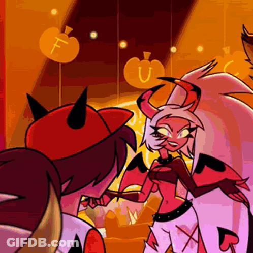 Cartoon Horned Winged Character Next To Man In Red Hat GIF