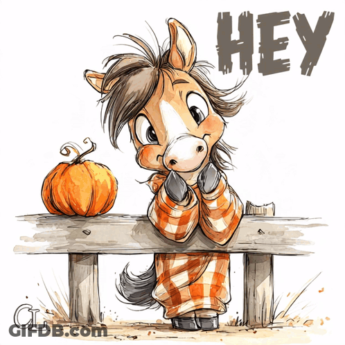 Cartoon Horse Leaning On Fence Next To Pumpkin Saying Hey GIF