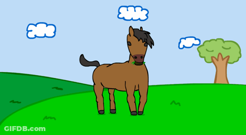 Cartoon Horse Standing In Grassy Field With Tree And Clouds GIF