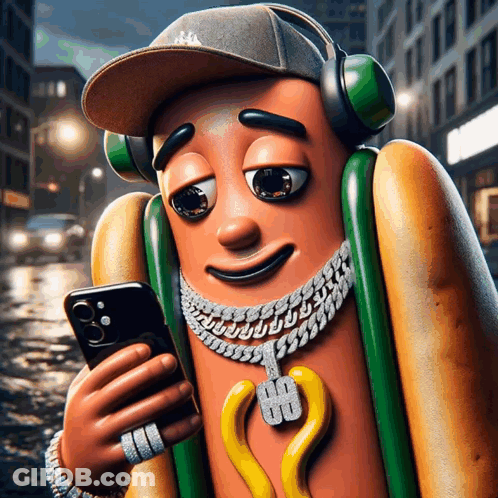 Cartoon Hot Dog With Hat And Headphones Looking At Phone GIF