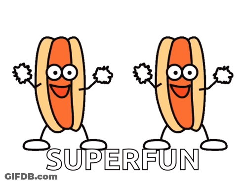 Cartoon Hot Dogs With Arms And Legs Saying Superfun GIF