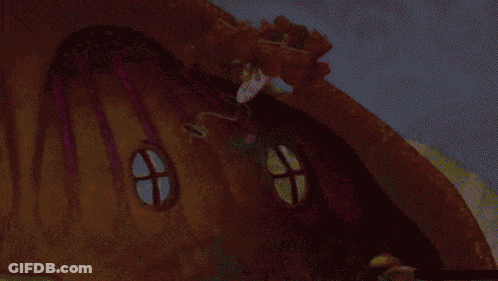 Cartoon House With Purple Ribbons GIF