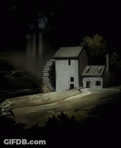 Cartoon House With Water Wheel GIF