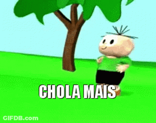 Cartoon In Green Shirt Standing In Front Of Tree Saying Chola Mais GIF