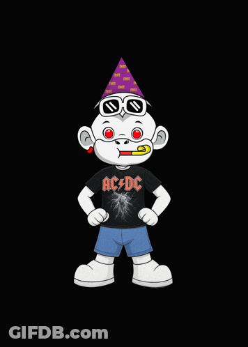 Cartoon In Purple Party Hat And AC DC Shirt GIF