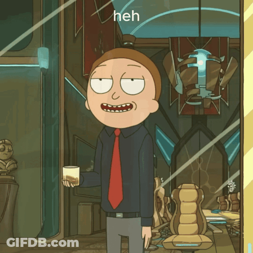 Cartoon In Suit And Tie Holding Coffee Saying Heh GIF