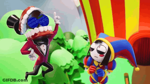 Cartoon In Top Hat And Sunglasses Next To Jester Hat Character GIF
