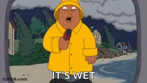 Cartoon In Yellow Raincoat Holding Microphone Saying It's Wet GIF