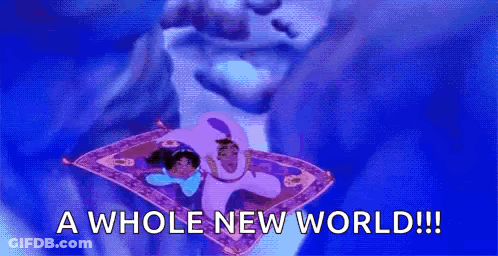 Cartoon Jasmine And Aladdin Flying On Magic Carpet With Words A Whole New World GIF