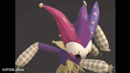 Cartoon Jester In Pink And Purple Hat And Checkered Pants Dancing GIF