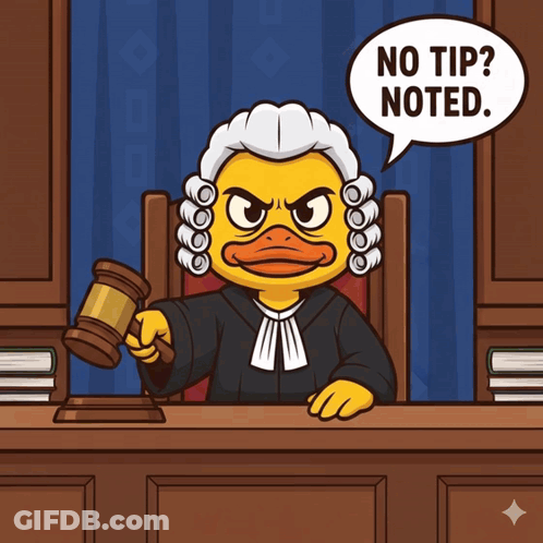 Cartoon Judge With Gavel Saying No Tip Sentenced GIF