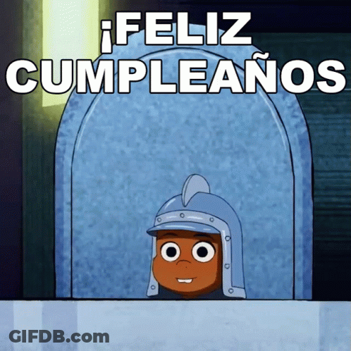 Cartoon Knight Helmet Saying Feliz Cumpleanos GIF