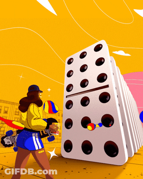 Cartoon Lady Kicking Down Giant Dominoes GIF