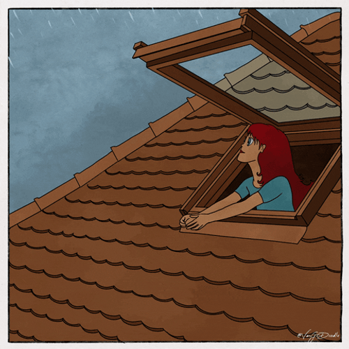 Cartoon Lady Watching Monsoon Rains Fall GIF