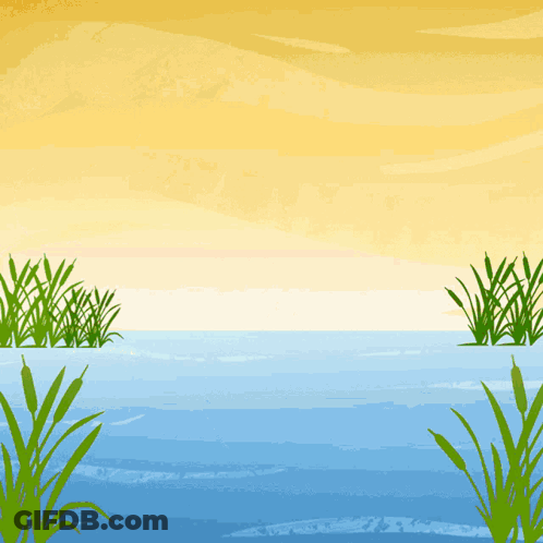 Cartoon Lake With Tall Grass And Yellow Sky GIF