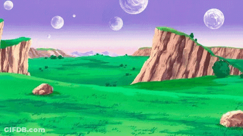 Cartoon Landscape With Mountains Grass And Bubbles GIF