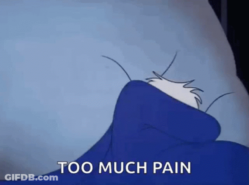 Cartoon Laying In Bed With Blue Blanket Saying Too Much Pain GIF