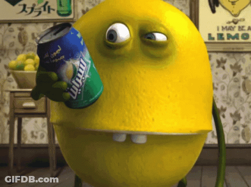 Cartoon Lemon Holding Can Of Sprite Soda GIF