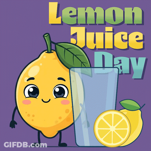 Cartoon Lemon With Arms Next To Glass Of Lemon Juice GIF