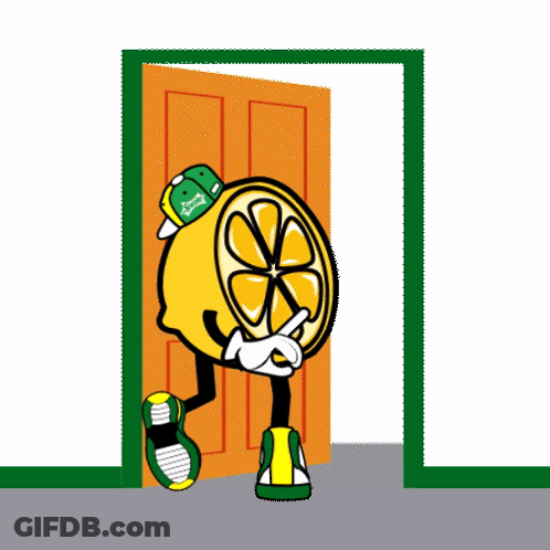Cartoon Lemon With Arms Standing In Front Of Door GIF
