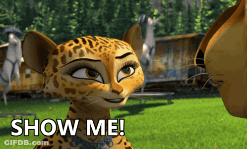 Cartoon Leopard Looking At Another Leopard Saying Show Me GIF