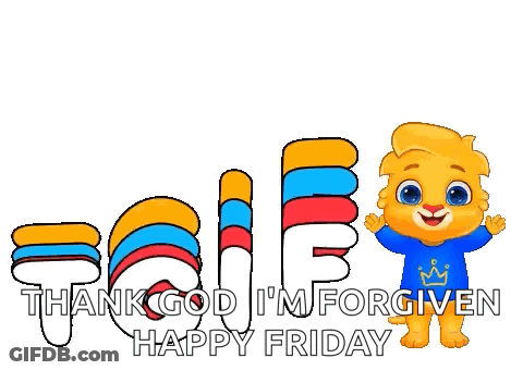 Cartoon Lion In Blue Shirt Saying Thank God I'm Forgiven GIF