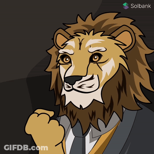 Cartoon Lion In Suit And Tie With Solbank Logo GIF