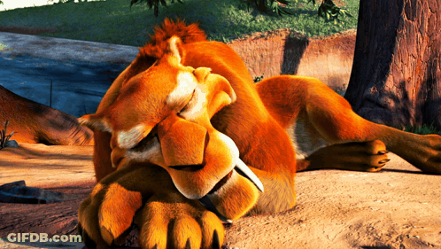 Cartoon Lion Laying Down With Eyes Closed And Sharp Claws GIF
