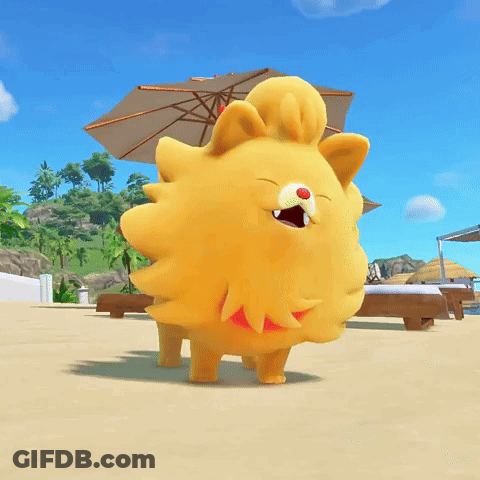 Cartoon Lion On Sandy Beach With Umbrella GIF