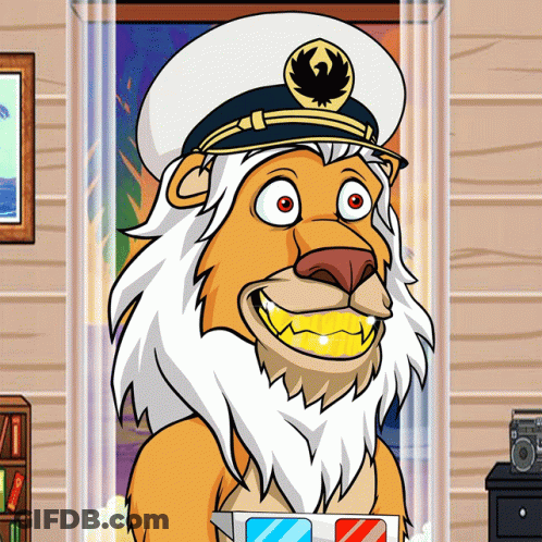 Cartoon Lion Wearing Captain Hat And Glasses GIF