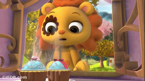 Cartoon Lion With Flower Face Next To Cupcakes GIF