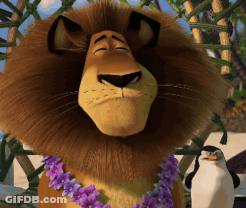 Cartoon Lion With Purple Flowers Around Neck GIF