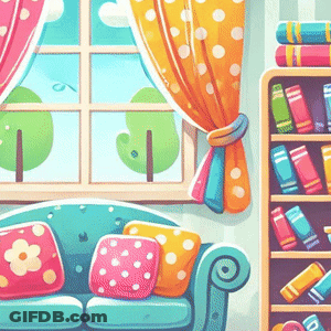 Cartoon Living Room Couch And Bookshelf Full Of Books GIF