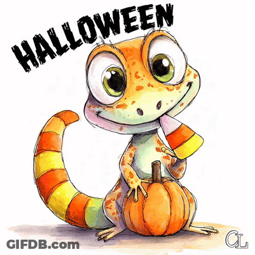 Cartoon Lizard Holding Pumpkin And Candy Corn Cone Saying Halloween GIF