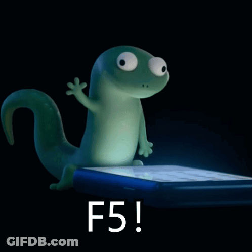 Cartoon Lizard Sitting On Cell Phone With Text F5 GIF