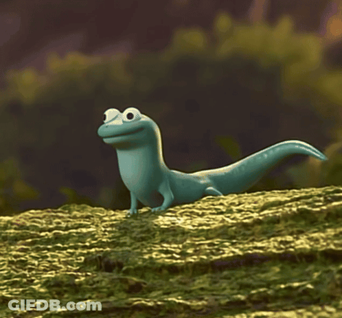Cartoon Lizard Standing On Mossy Hill GIF