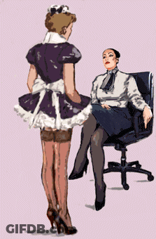 Cartoon Maid Next To Woman In Office Chair GIF