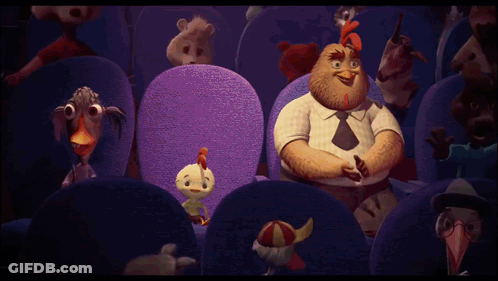 Cartoon Man And Chicken Sitting In Dark Room GIF