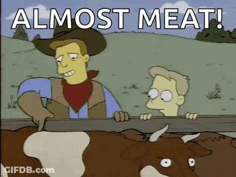 Cartoon Man And Cow Saying Almost Meat GIF