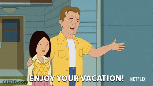 Cartoon Man And Girl Saying Enjoy Your Vacation GIF