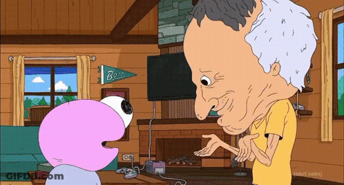 Cartoon Man And Pink Monster With Bass Banner GIF