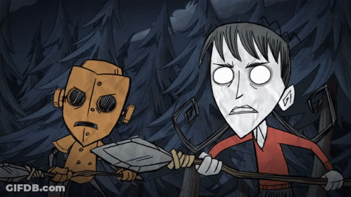 Cartoon Man And Robot Holding Sticks GIF
