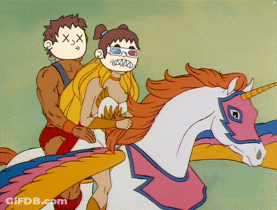 Cartoon Man And Woman Riding Unicorn GIF