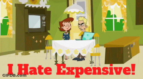 Cartoon Man And Woman Sitting At Table Saying I Hate Expensive GIF