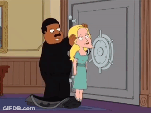 Cartoon Man And Woman Standing In Front Of Vault Door GIF