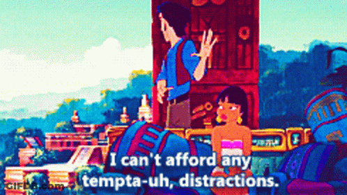 Cartoon Man And Woman With I Can't Afford Any Tempta-Uh Distractions GIF