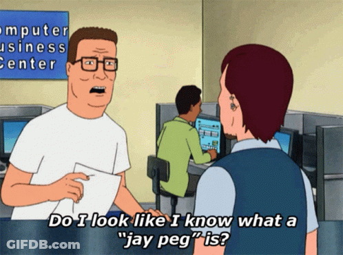 Cartoon Man Asking What A Jay Peg Is GIF