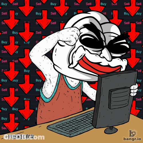 Cartoon Man At Computer With Arrows Saying Buy And Sell GIF