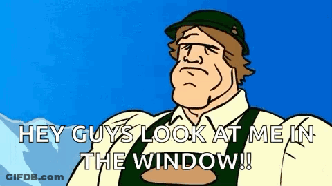 Cartoon Man At Window Saying Hey Guys Look At Me GIF
