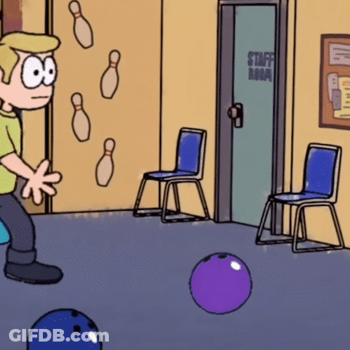 Cartoon Man Bowling At Staff Room Door GIF